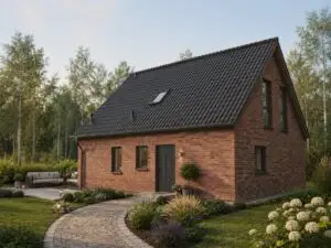 Einfamilienhaus Magdeburg 1 mit rotbrauner Klinkerfassade, Eingangsseite