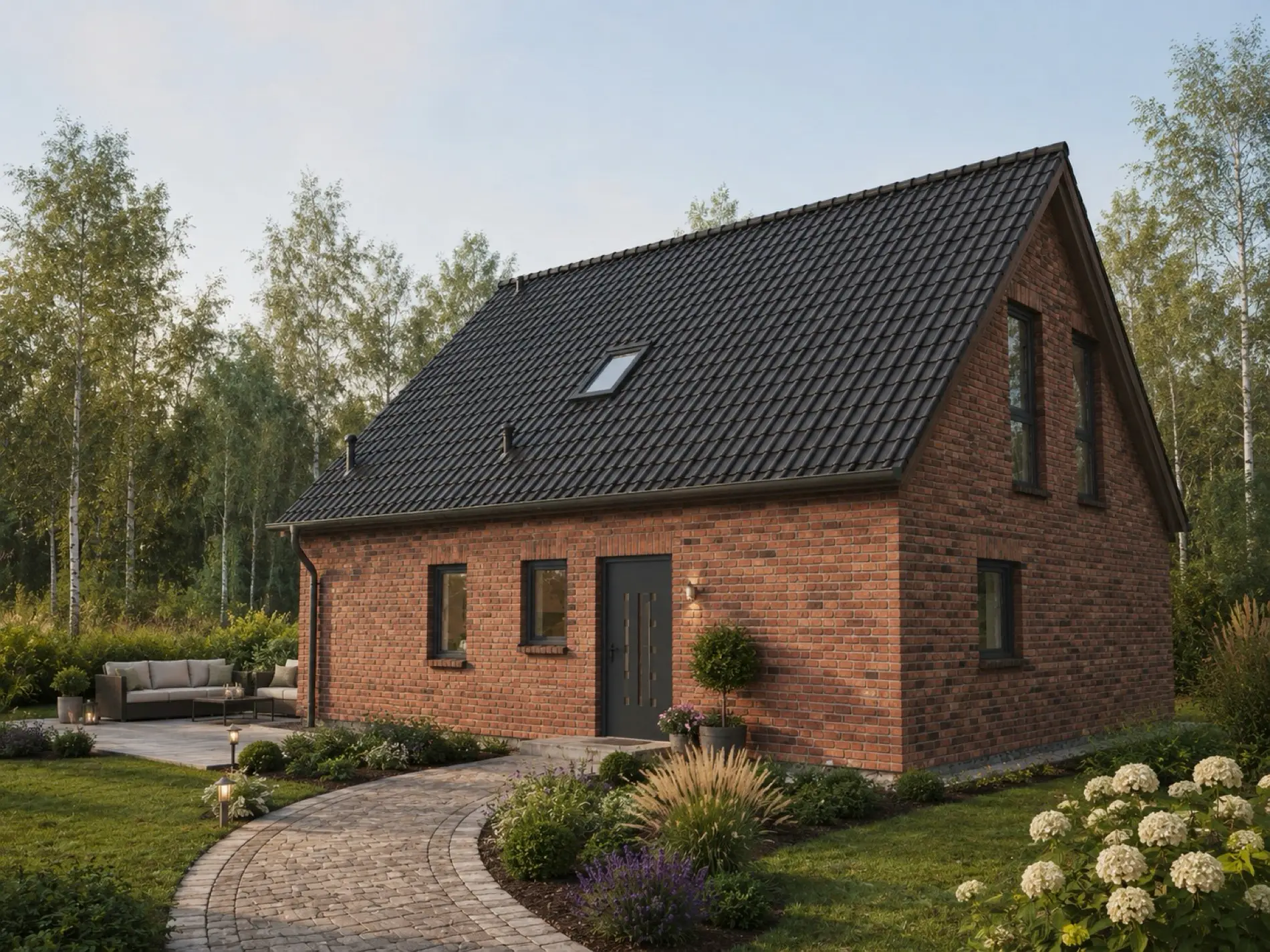 Einfamilienhaus Magdeburg 1 mit rotbrauner Klinkerfassade, Eingangsseite
