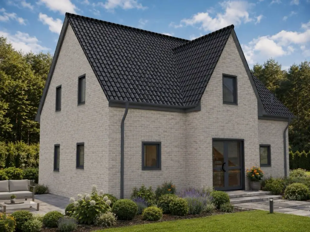 Einfamilienhaus Rüdnitz mit weißer Putzfassade, Eingangsseite
