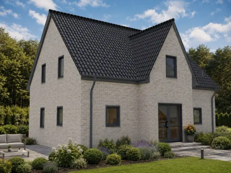 Einfamilienhaus Rüdnitz mit weißer Putzfassade, Eingangsseite