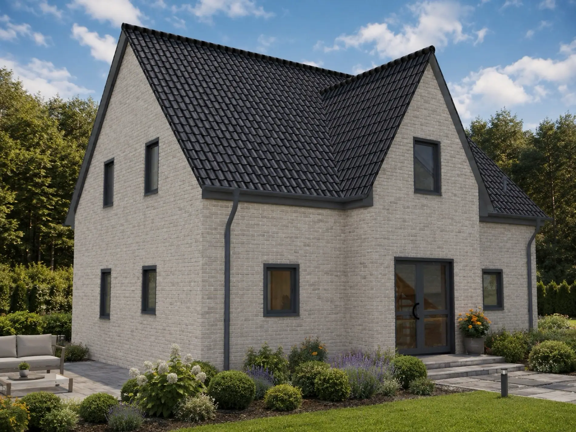 Einfamilienhaus Rüdnitz mit weißer Putzfassade, Eingangsseite