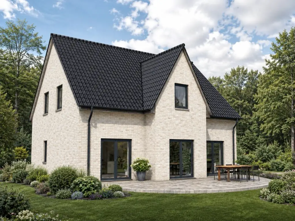 Friesenhaus Rüdnitz von KLINKER HAUS mit weißer Klinkerfassade, Gartenansicht
