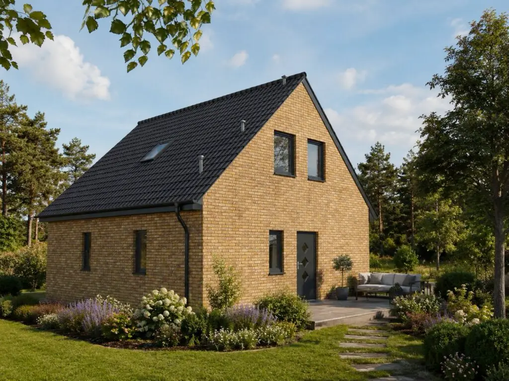 Einfamilienhaus Schwanebeck 1 mit sandfarbener Klinkerfassade, Eingangsseite