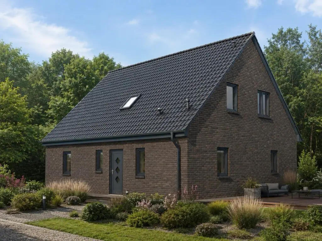 Einfamilienhaus Waldfrieden 2 mit dunkler Klinkerfassade, Eingangsseite