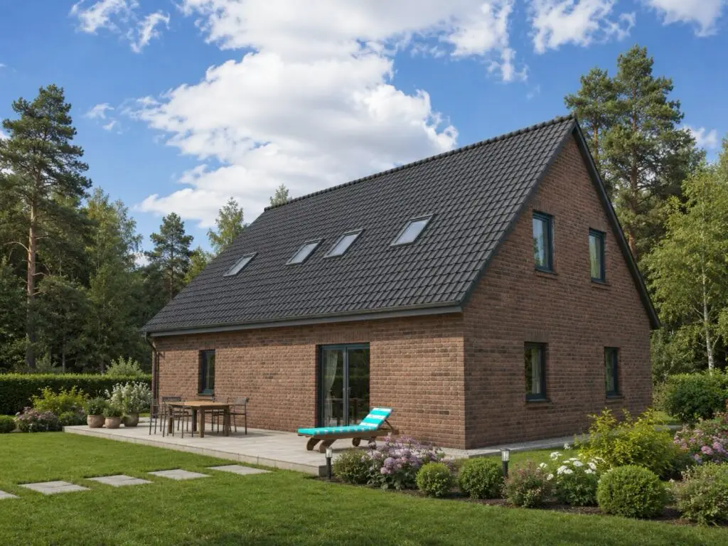 Landhaus Waldfrieden 5 von KLINKER HAUS mit Klinkerfassade, steilem Satteldach und Terrasse