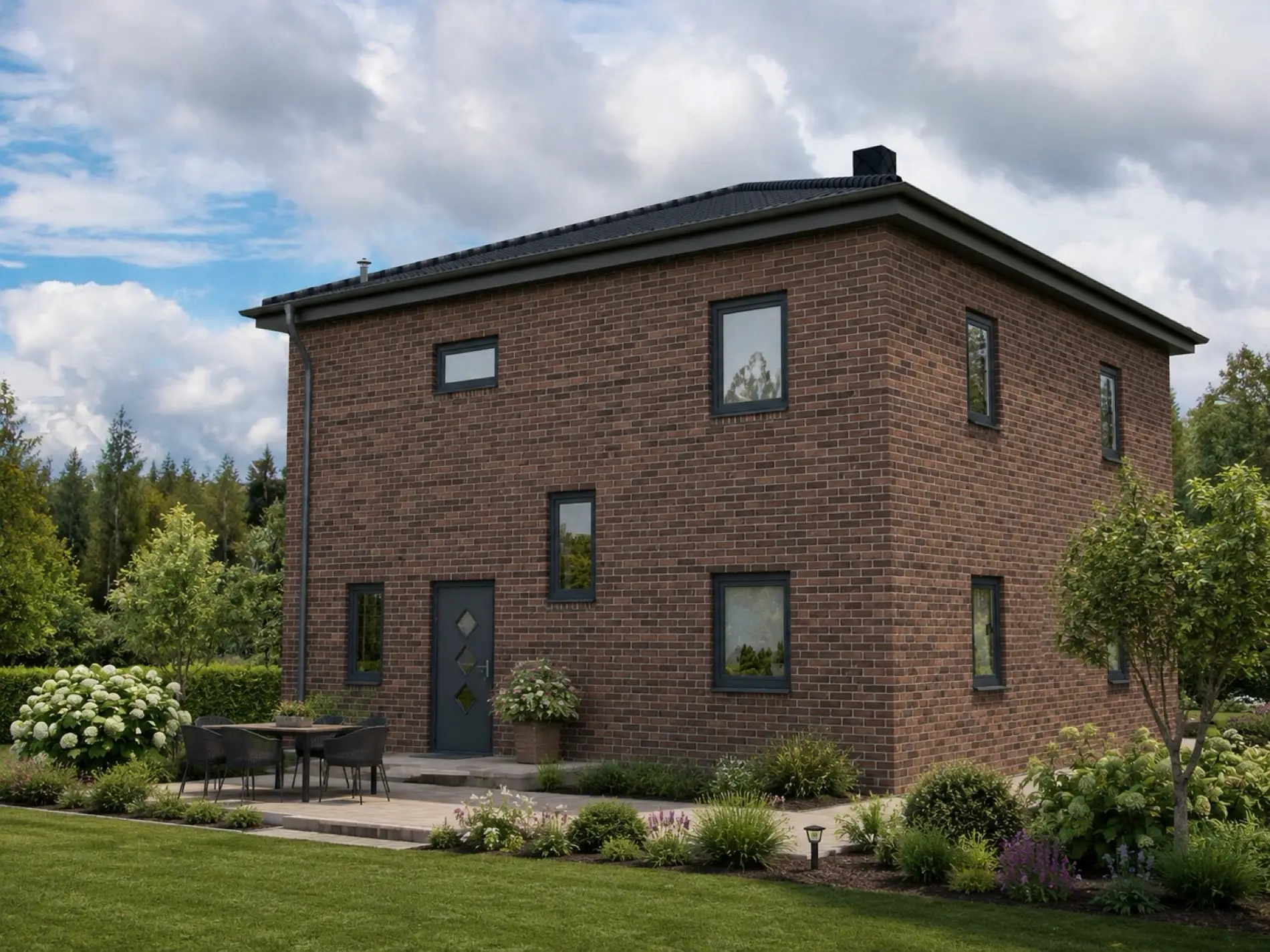 Stadtvilla Florenz 3 mit rotbrauner Klinkerfassade, Eingangsseite