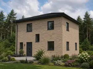 Stadtvilla Grosseto 1 mit sandfarbener Klinkerfassade, Eingangsseite