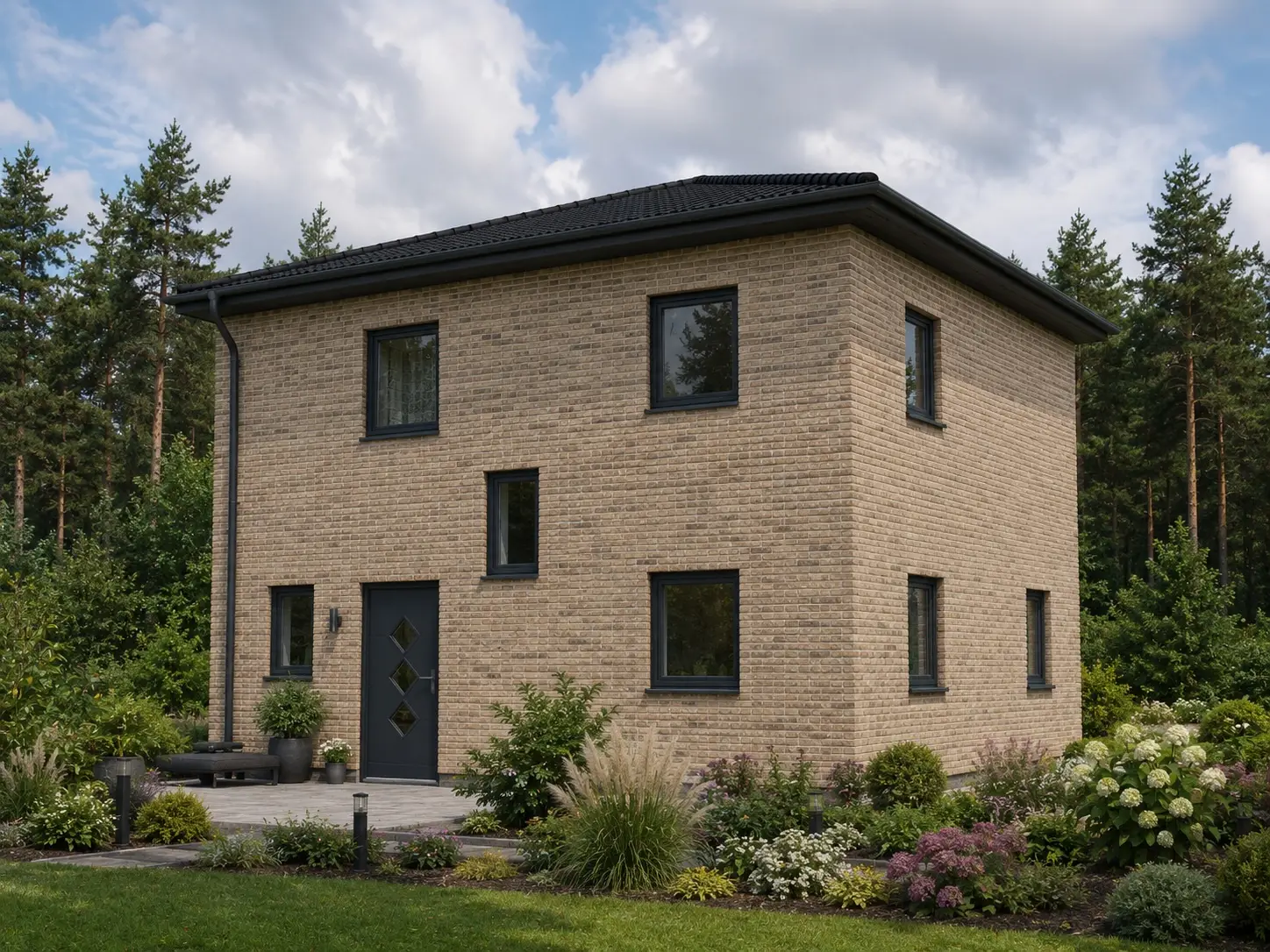 Stadtvilla Grosseto 1 mit sandfarbener Klinkerfassade, Eingangsseite