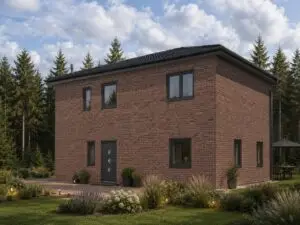 Stadtvilla Grosseto 4 mit rotbrauner Klinkerfassade, Eingangsseite