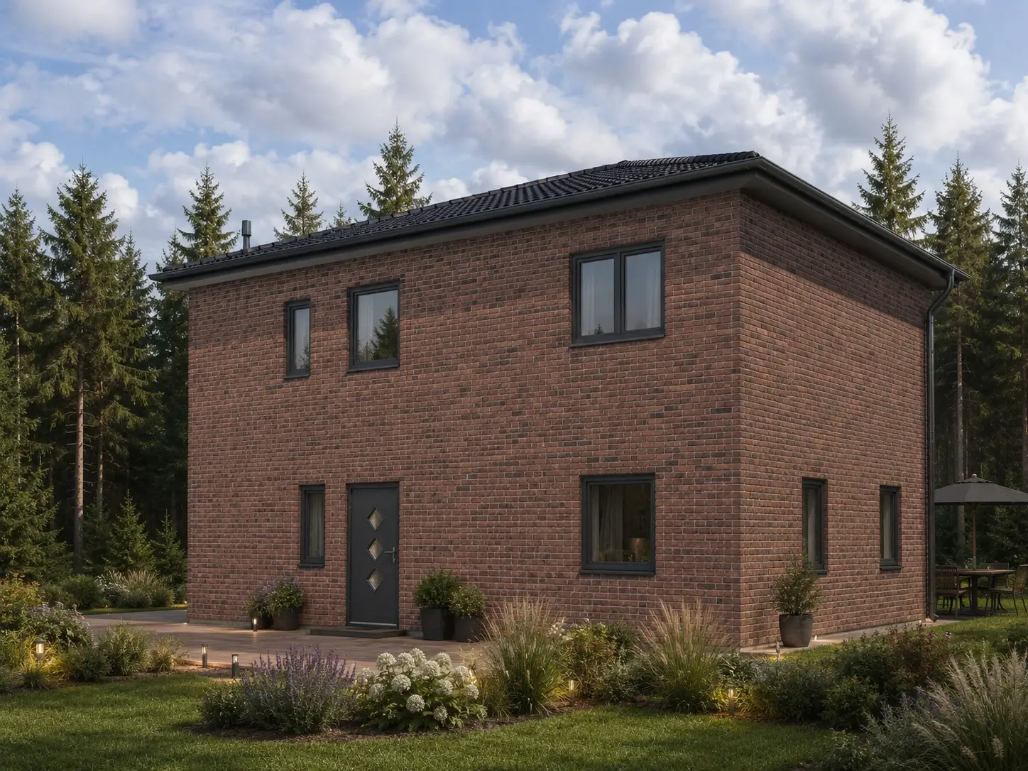Stadtvilla Grosseto 4 mit rotbrauner Klinkerfassade, Eingangsseite