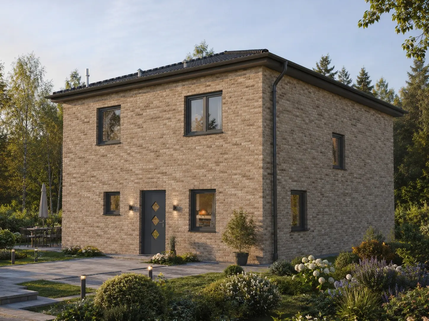 Stadtvilla Lucca 3 mit heller Klinkerfassade, Eingangsseite