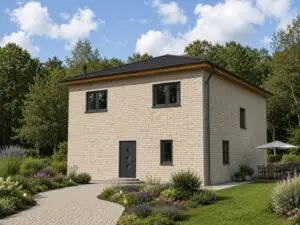 Stadtvilla mit heller Fassade und Zeltdach, Gartenansicht