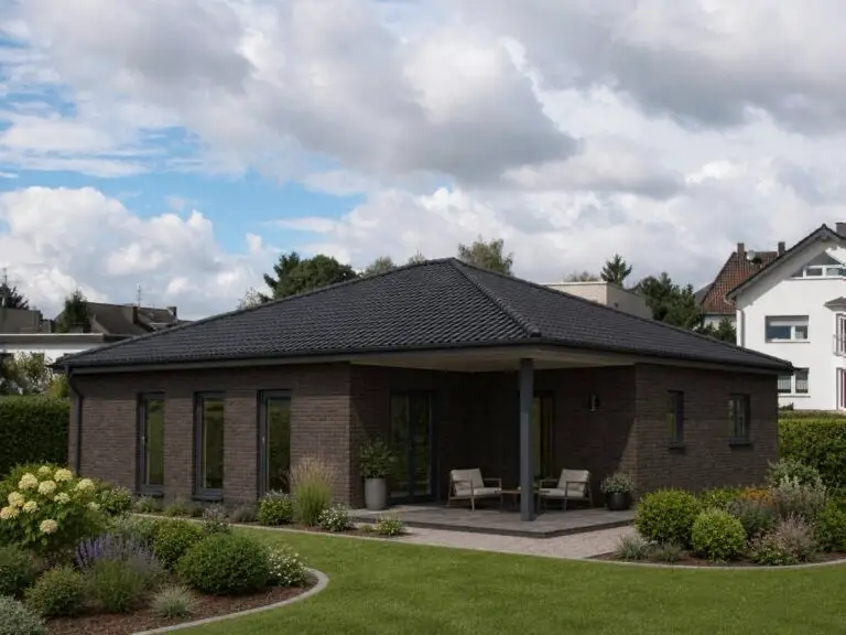 Winkelbungalow 120 mit dunkler Fassade und überdachter Terrasse