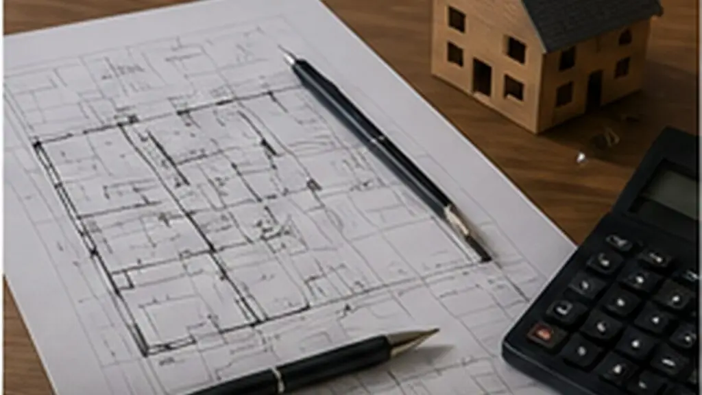 Bauplan mit Hausmodell, Stift und Taschenrechner zur Dachplanung und Ausrichtung für die Photovoltaikanlage
