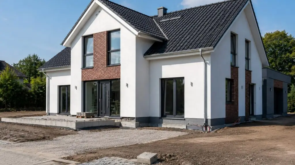Neubau kurz vor Fertigstellung auf der Baustelle, vorbereitet für die spätere Nachrüstung einer Photovoltaikanlage