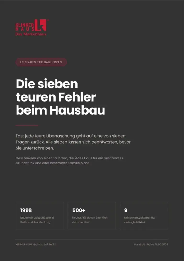 Titelseite des KLINKER-HAUS-Leitfadens „Die sieben teuren Fehler beim Hausbau"